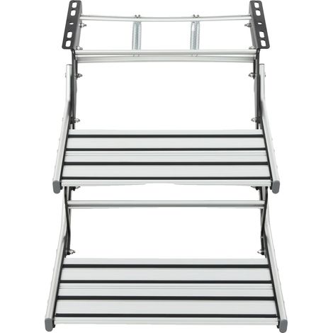 Escalón doble para autocaravana, superficie antideslizante, diseño plegable, color plata. (1/2)