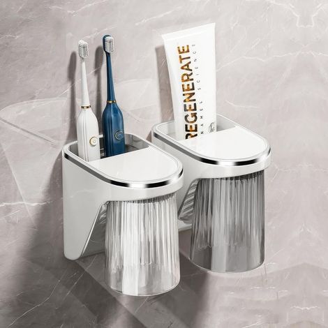 Lot de 2 porte-gobelets à dents sans perçage - Avec gobelet magnétique - Gris et transparent - En plastique - Pour salle de bain et famille (1/5)