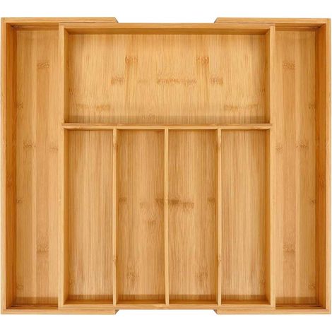 Boîte de rangement pour couverts en bambou, adaptée aux tiroirs, capacité de rangement extensible de 31,5 cm à 48 cm, support de rangement pour couverts de cuisine, séparateur cuillère/fourchette. (1/5)