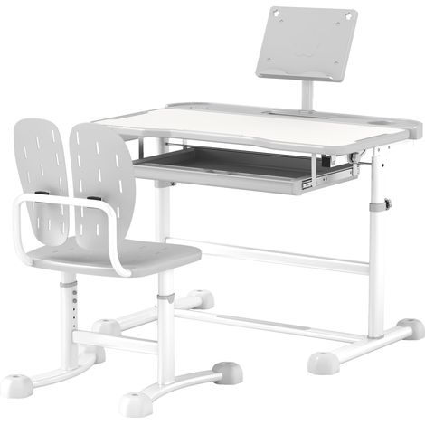 Bureau enfant réglable avec chaise haute gris, plateau inclinable 45°, tiroir, support livres