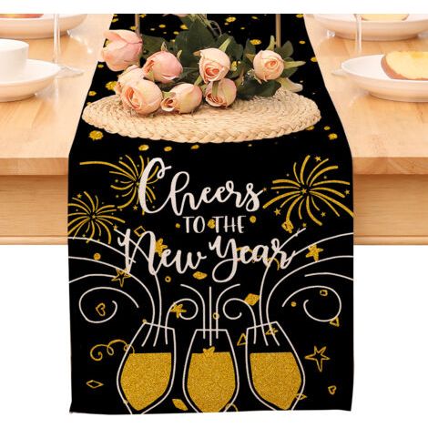 Chemin de table « Bonne année », nappe noire et or à pois et étoiles, décoration pour la maison et la cuisine, ambiance champêtre, linge de table en toile de jute pour les fêtes d'hiver 2026
