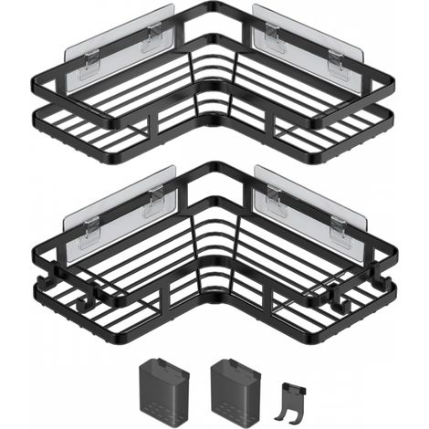 Lot de 2 pièces Étagère de douche , pas besoin de percer des étagères d'angle, support de rangement d'angle de douche de salle de bain avec 4 crochets et tube de dentifrice, support de gel douche de s (1/5)