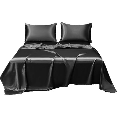 Ensemble de draps en satin noir 4 pièces, 1800 fibres ultra-fines, 2 taies d'oreiller, 51 x 76 cm. (1/5)