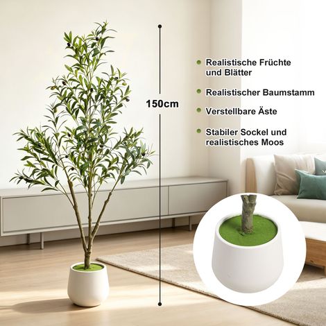 Jiubiaz Kunstpflanze Olivenbaum 150 cm im Topf, 3 Zweige, 550 Blätter, dekorativer Kunstbaum mit dichtem Blattwerk für Wohnzimmer, Schlafzimmer und Büro