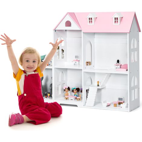 Kids 2-Tier Dollhouse Bookcase 2-in-1 Multi-Purpose Wooden Bookshelf-Pink (1/5)