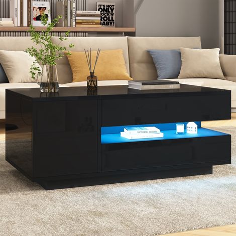 Couchtisch aus Spanplatte in Schwarz Hochglanz 95 cm, höhenverstellbare Tischplatte mit LED und Stauraum