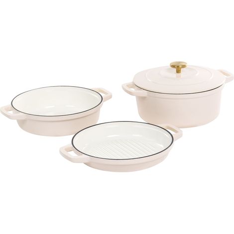 Lot de 4 Casseroles et Poêles en Fonte Émaillée Adaptées au Four et Compatibles Toutes Plaques de Cuisson Blanc Cassé Castlina (1/5)