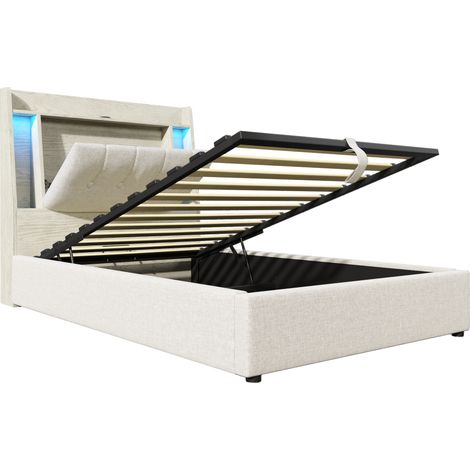 Lit capitonné 90x200 en lin beige, lit avec éclairage LED, lit avec port USB et Type-C, lit simple sans matelas avec rangement. (1/5)