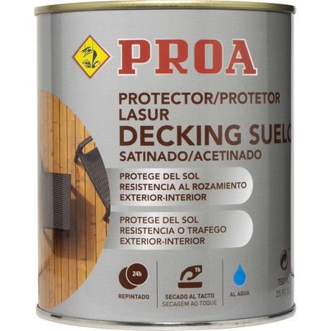 Lasur protector Decking suelo para madera al agua. 750 ML. Pino. Exterior. Cuida y protege la madera de suelos con acabado natural. Satinado. Proa.