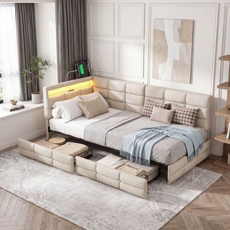 Canapé lit 90x200 avec éclairage LED et Prise USB,Cadre de Lits 90x200 avec Sommier à Lattes,Lit Banquette Lits Coffre Lit Enfant avec 2 tiroir de Rangement,Beige Lin -sans Matela (1/5)