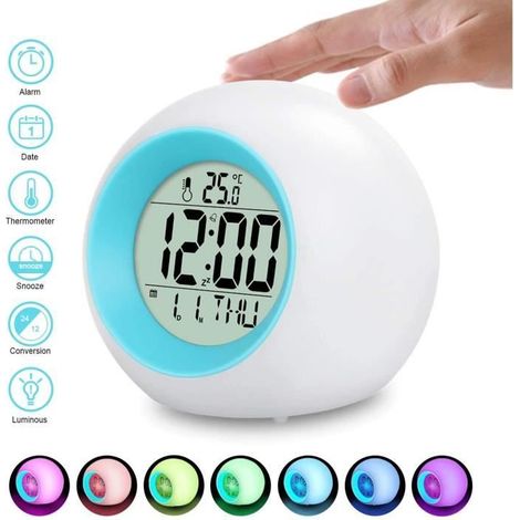 Réveil Numérique Veilleuse Lumière de 7 Couleurs Changement Horloge avec Température cadeau Enfants Bébé BLEU (1/4)