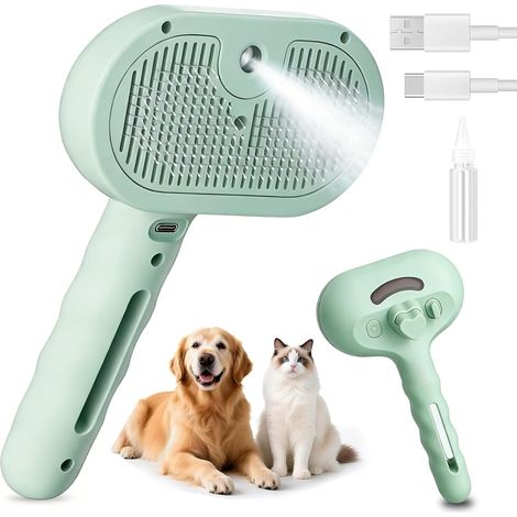 Brosse à Vapeur pour Chat, 3 1 Multi usages Brosse Chat pour Chats et Chiens, La Perte de Poils, Massage et Toilettage, pour Tous Les Animaux à Poils Longs et Courts, Vert Pâle (1/5)
