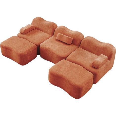 Canapé modulable 3 places en U sans armature avec 2 ottomans en velours orange (1/5)