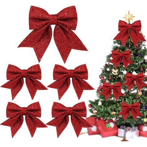 Set mit 5 großen, glitzernden Weihnachtsschleifen für Kränze, Girlanden und Christbaumschmuck, rot (1/5)