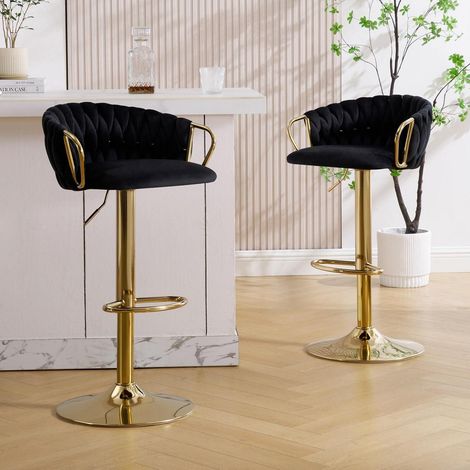 Barhocker 2er Set Samt höhenverstellbar 360° drehbar mit geflochtener Rückenlehne, Schwarz (1/5)