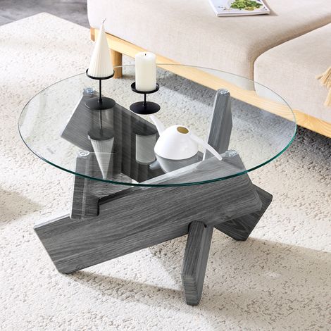 Tavolino basso rotondo 79x79x45 cm grigio e trasparente, vetro temperato, struttura MDF MEUBLIV (1/5)