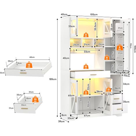 Meuble de rangement de cuisine style « Grange » : Unité de rangement et d'exposition verticale haute, dotée d'étagères réglables, de tiroirs, d'un éclairage LED à couleurs changeantes et de prises éle (1/4)