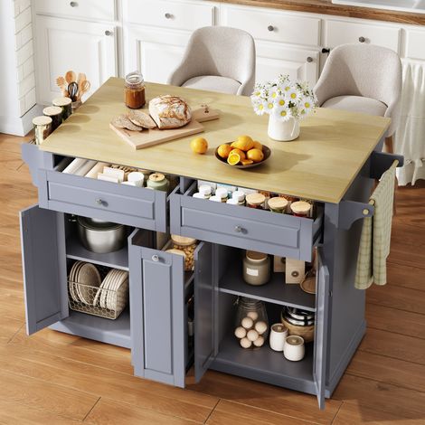Isola da Cucina con Piano Ribaltabile e 4 Cassetti, Portaspezie e Portaasciugamani, Naturale e Grigio, 121×49×89 cm (1/5)