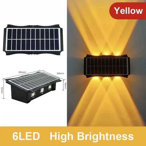 (6 LED jaunes) Lampe solaire LED d'extérieur, applique murale, éclairage lumineux vers le haut et vers le bas, compatible avec la décoration de jardin et la lumière du soleil. (1/5)