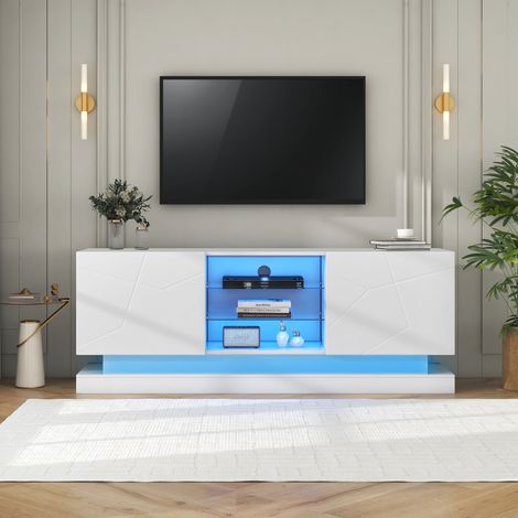 Weiße TV-Kommode 160 x 38,5 x 60 cm, verstellbares Glasregal, für TVs bis 70 Zoll HAVRYA (1/5)