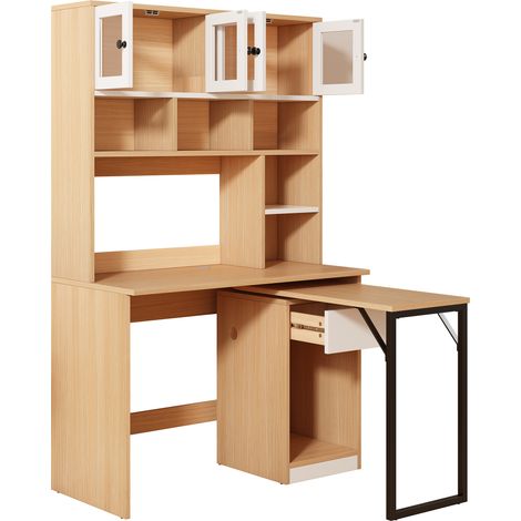 Escritorio Recto con Columna de Almacenaje Alta, Estantes Abiertos, Puertas de Acrílico y Tablero Giratorio, Blanco y Natural (1/5)