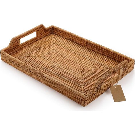 Plateau rectangulaire tissé à la main avec poignée, idéal pour le petit-déjeuner, les boissons et les en-cas sur la table basse (14,5 x 10,2 x 1,4 pouces) (1/5)