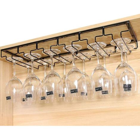 – Porte-verres suspendu en fer noir – 6 fentes pour 12-18 verres – Dimensions 60x22.5x5.5cm – Fixation murale incluse (1/5)