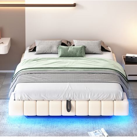 Cama tapizada 160x200 cm beige efecto flotante, estructura metálica, LED, arcón elevable, sin cabecero (1/5)