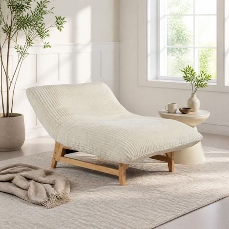 Fauteuil lounge 145x110x60 cm blanc, sans accoudoirs, dossier, velours côtelé et bois MEUBLIV (1/5)