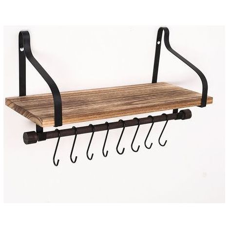 Mensola da cucina a parete, organizer da cucina rustico in legno con binario in legno e 8 ganci rimovibili per riporre gli utensili da cucina. (1/5)