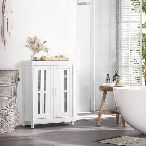 Meuble salle de bain. armoire salle de bain sur pied à 3 niveaux. double porte et étagère réglable. 60x30x80cm. blanc
