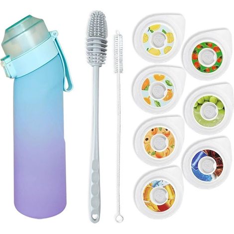 Gourde de sport universelle avec 7 jeux de capsules aromatiques, goupillon et dosettes parfumées. Sans sucre, sans BPA, idéale pour la salle de sport, le bureau et la course à pied. Dégradé de bleu.