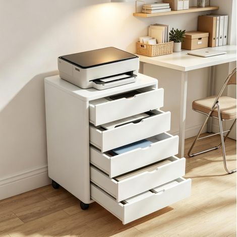 Caisson de bureau à roulettes 5 tiroirs blanc 50 x 40 x 67,5 cm OKWISH (1/5)