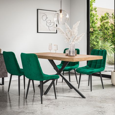 Donni Dining Table And Chairs -  Oak Effect Table Top w Black Legs + Nova Velvet Dining Chair Set Of 6 (Green) (1/5)