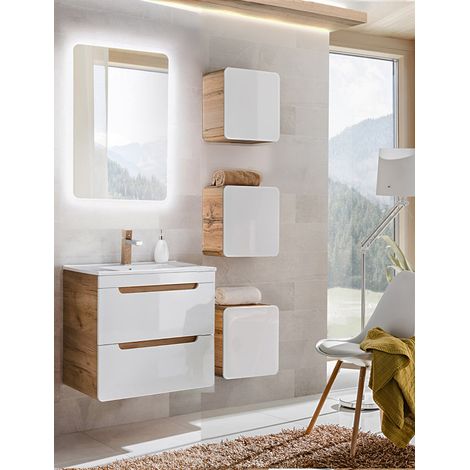 Badmöbelset Hochglanz weiß mit Wotan Eiche Nb. LUTON-56 mit 61 cm KeramikWaschtisch & LED-Spiegel, B/H/T ca. 110/200/46 cm (1/5)
