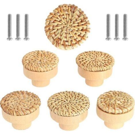 Lot de 6 boutons de meuble en rotin Boutons de Tiroir, de Porte Style bohème Poignée Tiroir en Bois Ronds Pour Commode Armoire Placards de Cuisine (1/4)