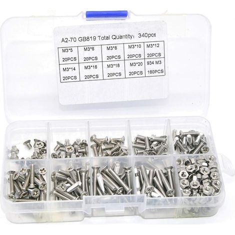 Assortiment de 340 vis hexagonales à tête fraisée en acier inoxydable 304 (1/4)