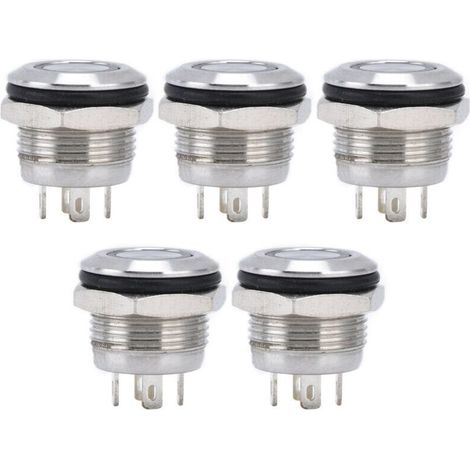 5 Interrupteurs à Bouton Inox LED Auto-Réinitialisation 12mm 220V Blanc pour Accessoires Électriques
