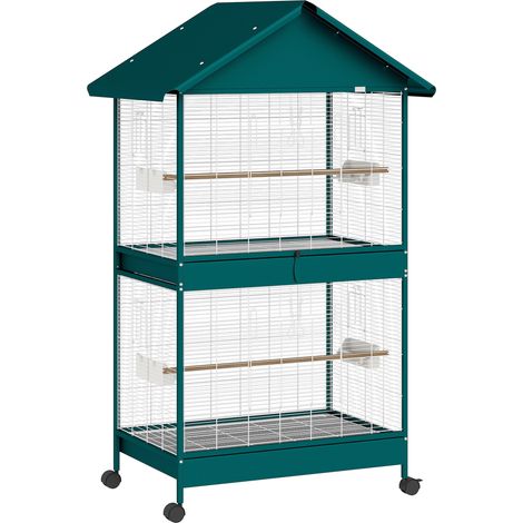 Cage pour oiseaux sur roues avec cloison amovible, 4 distributeurs et 2 perchoirs, 2 plateaux coulissants, 94x70x158cm (1/5)