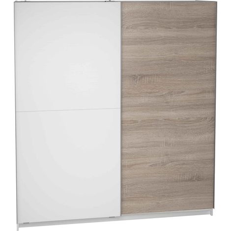 Armario 2 puertas correderas acabado en blanco/roble, 200 cm(alto)180 cm(ancho)60 cm(fondo)