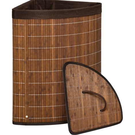 Panier à linge 55 L en bambou brun avec couvercle amovible, sac intérieur retirable, format d’angle compact 38 x 38 x 57 cm – CHICFURN (1/5)