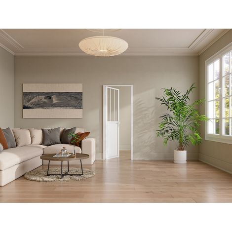 Vente-Unique – Bloc porte réversible en aluminium et verre trempé – H204 x L83 cm – Poussant droit/gauche – Style atelier – Blanc (1/4)