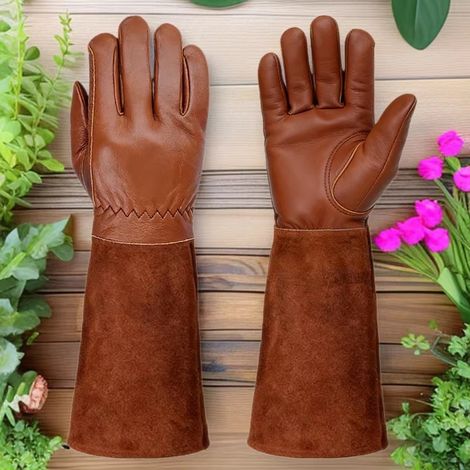 Gants de jardinage unisexes (M), gants de jardinage longs, gants longs en cuir de vachette, protection contre les épines de roses, protection des avant-bras, marron.