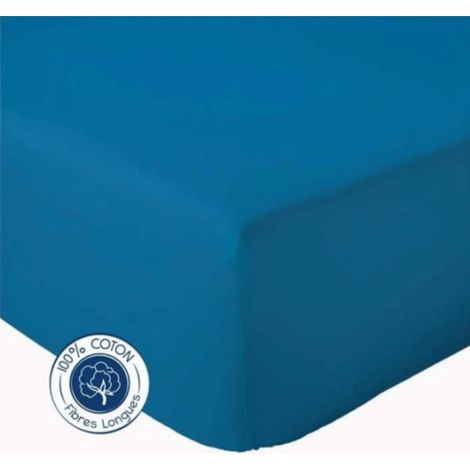 Drap Housse Uni bonnet 30 cm 100% Coton Bleu Encre 180x190 cm
