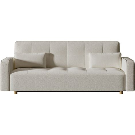 Concept-Usine – Canapé convertible 3 places en tissu bouclette blanc – Dossier mousse recyclée – Pieds en bois massif – Dimensions 213x89x79 cm
