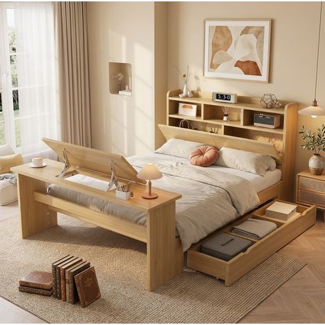 Jugendbett 140x200 cm Naturholzfarben aus Holz mit Stauraum, Klapptisch und verstellbarer Ablage (1/5)