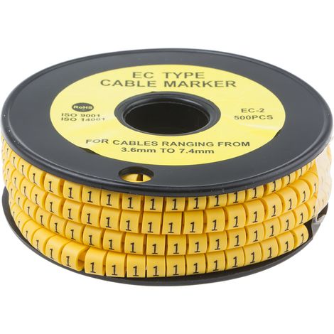 Repère câble , Ø câble 3.6 7.4mm, texte : 1, Noir sur Jaune ( Prix pour Bobine de 500 )