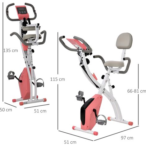 Vélo d'appartement X-Bike 2-en-1 avec écran LCD, cardiofréquencemètre, home trainer pliable, résistance magnétique 8 niveaux, 1 paire de cordes élastiques, acier rose 105x48x118 cm (1/5)