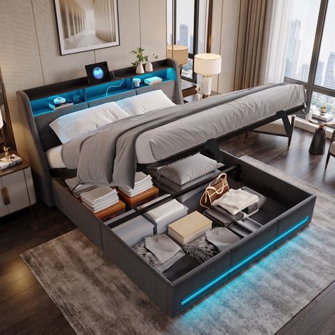 Lit coffre 140x190 cm avec sommier - lit double adulte avec rangement hydraulique et led rgb - tête de lit avec chargement usb type-c, lin, gris (1/5)