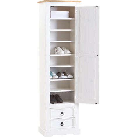 Idimex – Armoire en pin massif Tequila 1 porte battante – 7 étagères et 2 tiroirs – Dimensions monté 190 x 53 x 38 cm – Blanc et brun